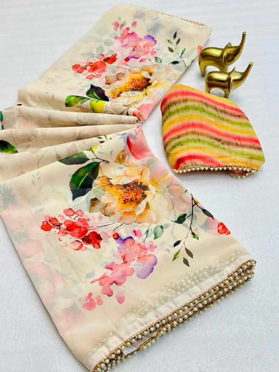 New Arrival Floral Digital Print Chiffon Saree with Handwork Moti Lace Border